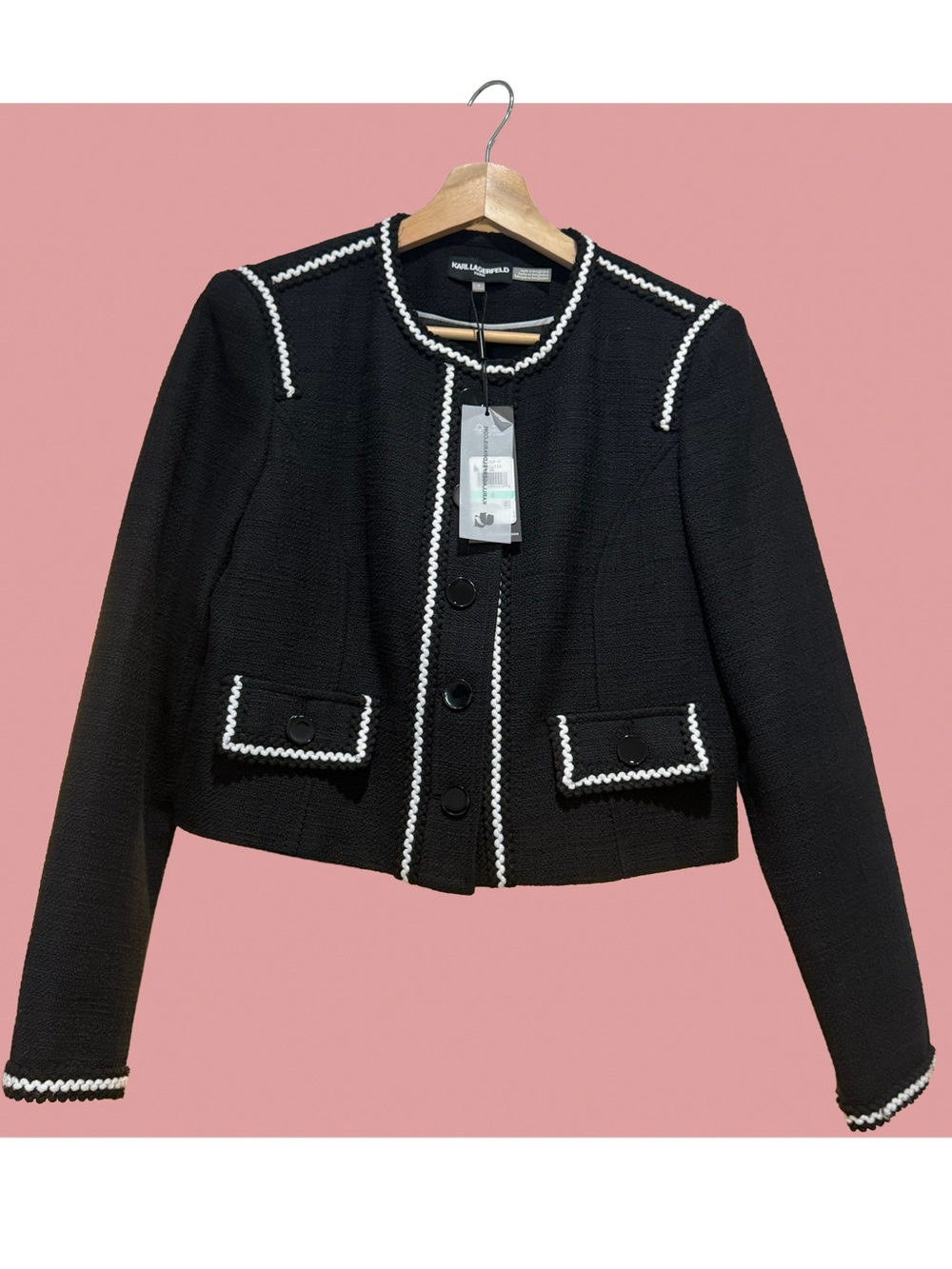 Karl Lagerfeld Black Tweed Cropped Jacket with White Braid Trim